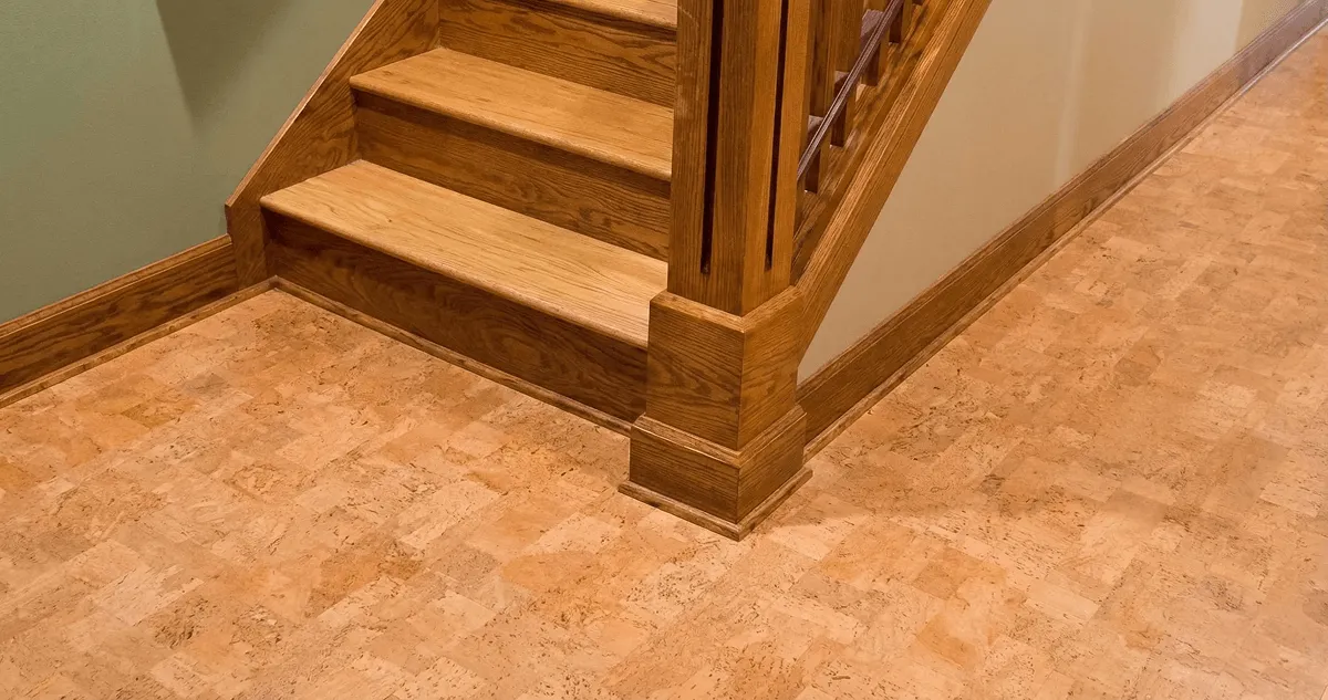 End of a staircase with cork flooring in Portland, OR